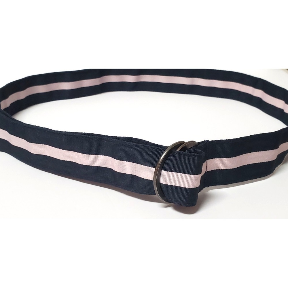 Fabric Tie Belt Stripe 36 Woven Navy/ Lt Pink Middle D Ring Aged Pewter Adjust - Picture 3 of 6